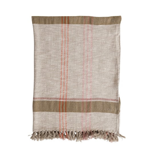Woven Cotton &#x26; Linen Plaid Throw with Fringe